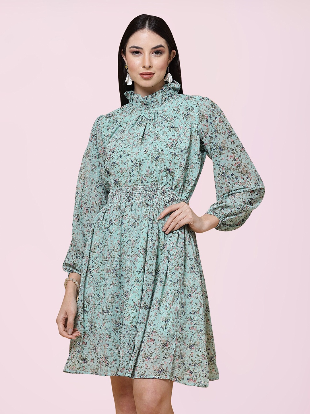

BAESD Floral Printed High Neck Georgette Fit & Flare Dress, Green