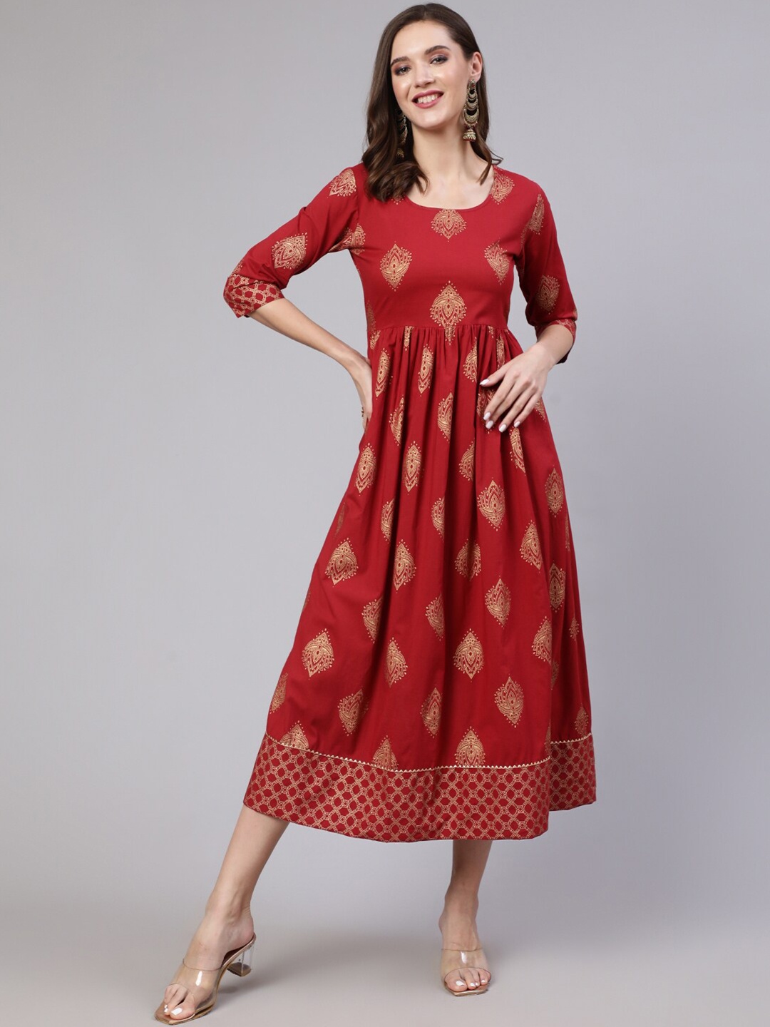 

Nayo Ethnic Motifs Printed Round Neck Gathered Cotton Fit & Flare Midi Ethnic Dress, Maroon