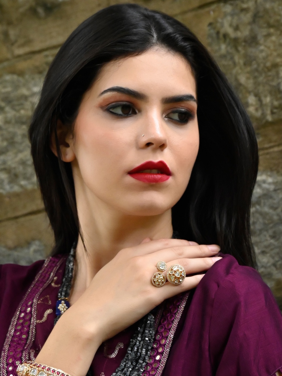 

ODETTE Gold-Plated Stone-Studded Finger Ring