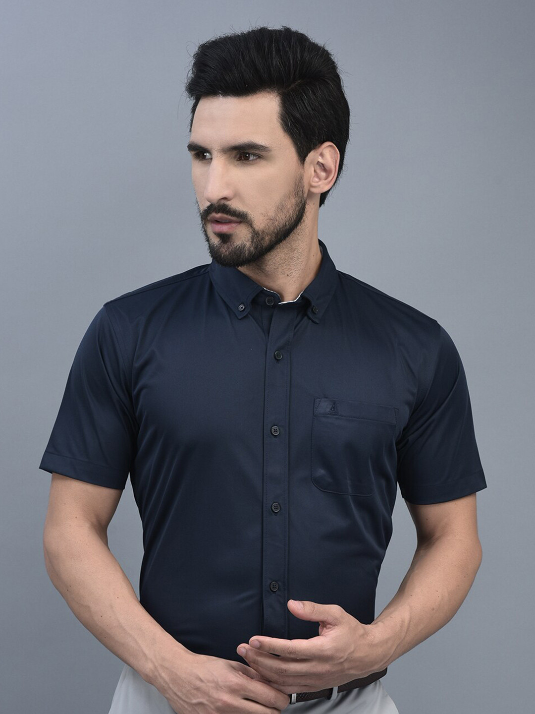

CANOE Comfort Regular Fit Spread Collar Formal Shirt, Navy blue
