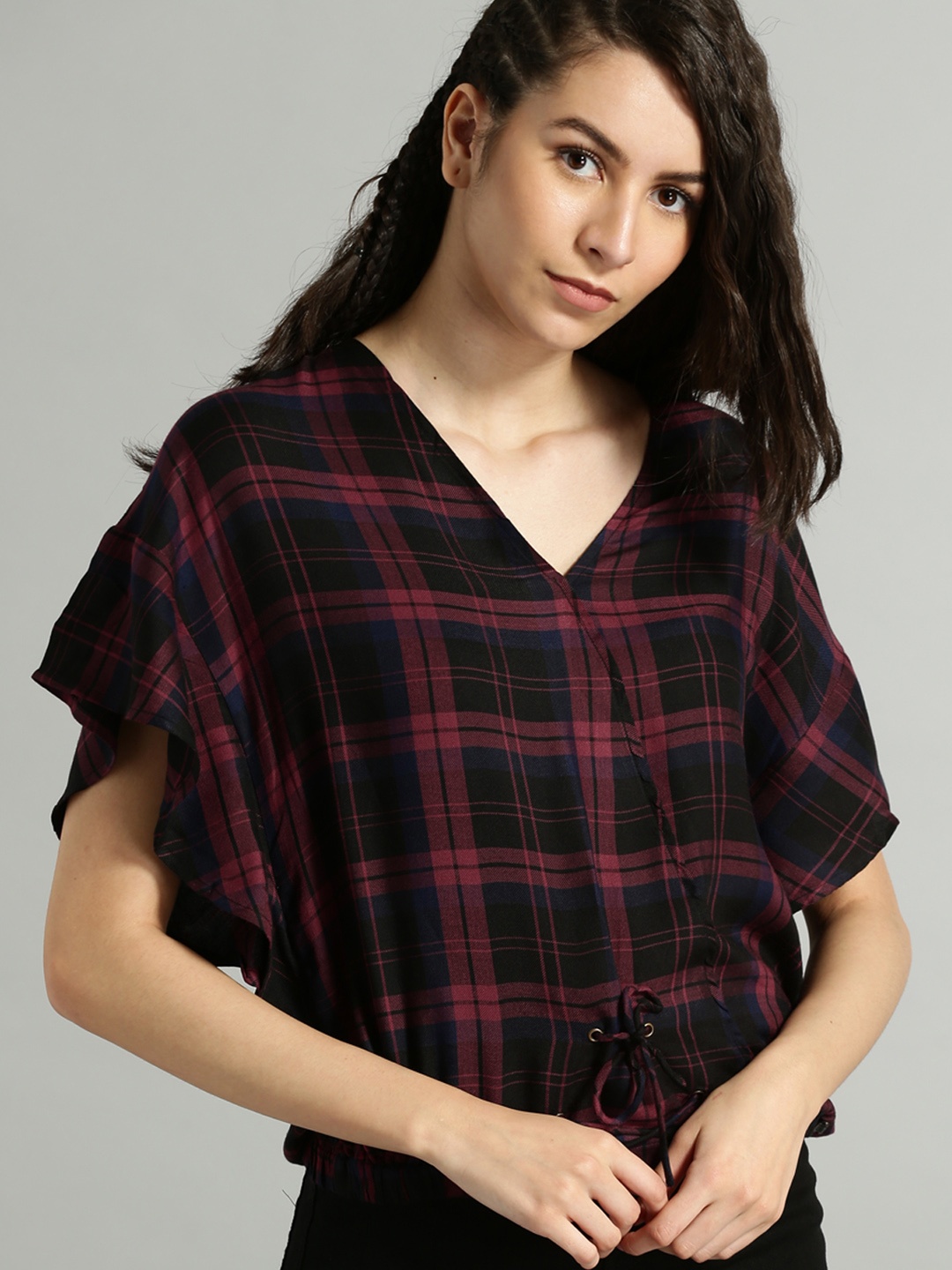 

Roadster Women Maroon Checked Blouson Top