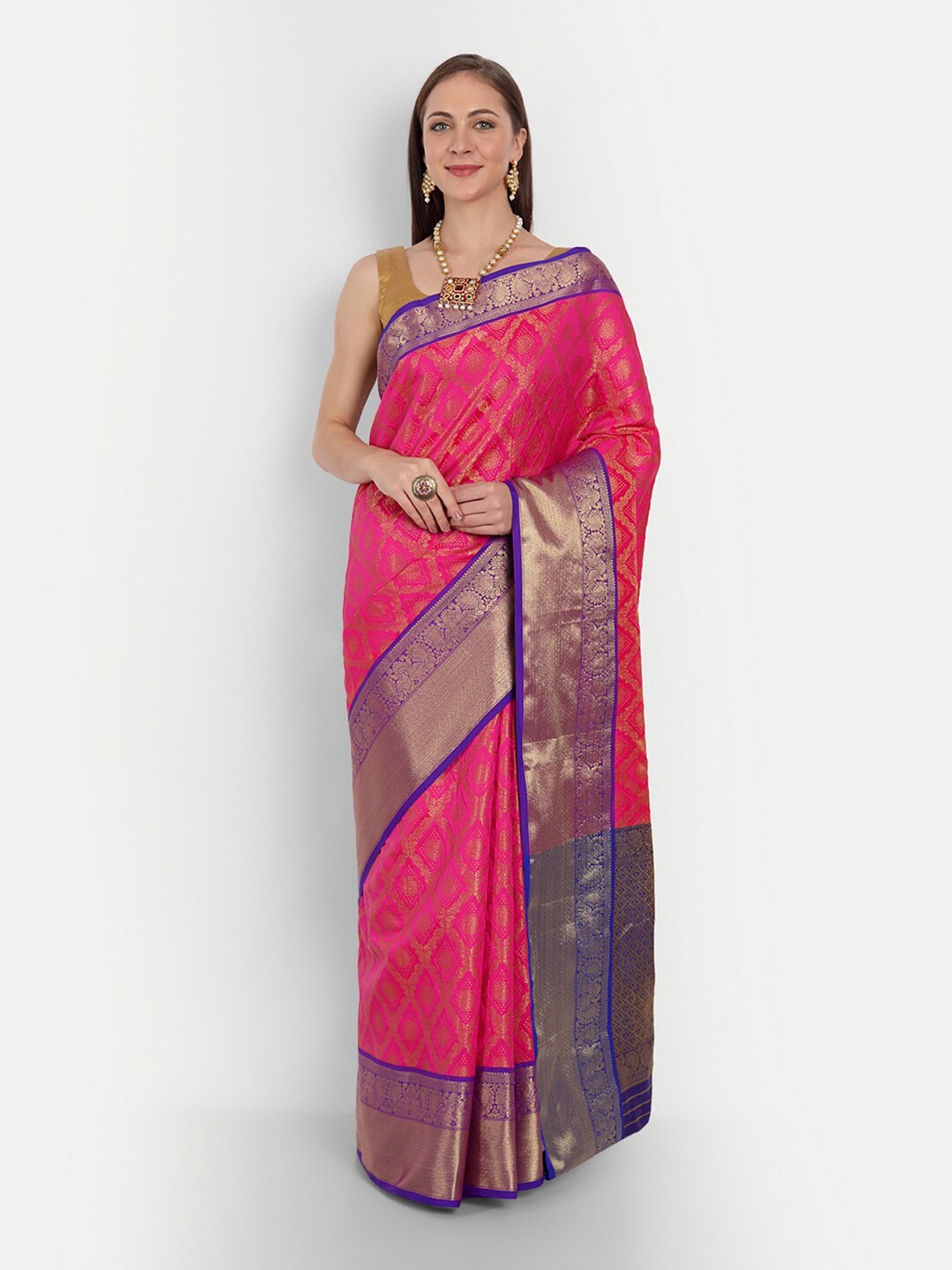 

Anaita Ethnic Motifs Woven Design Zari Pure Silk Banarasi Saree, Pink