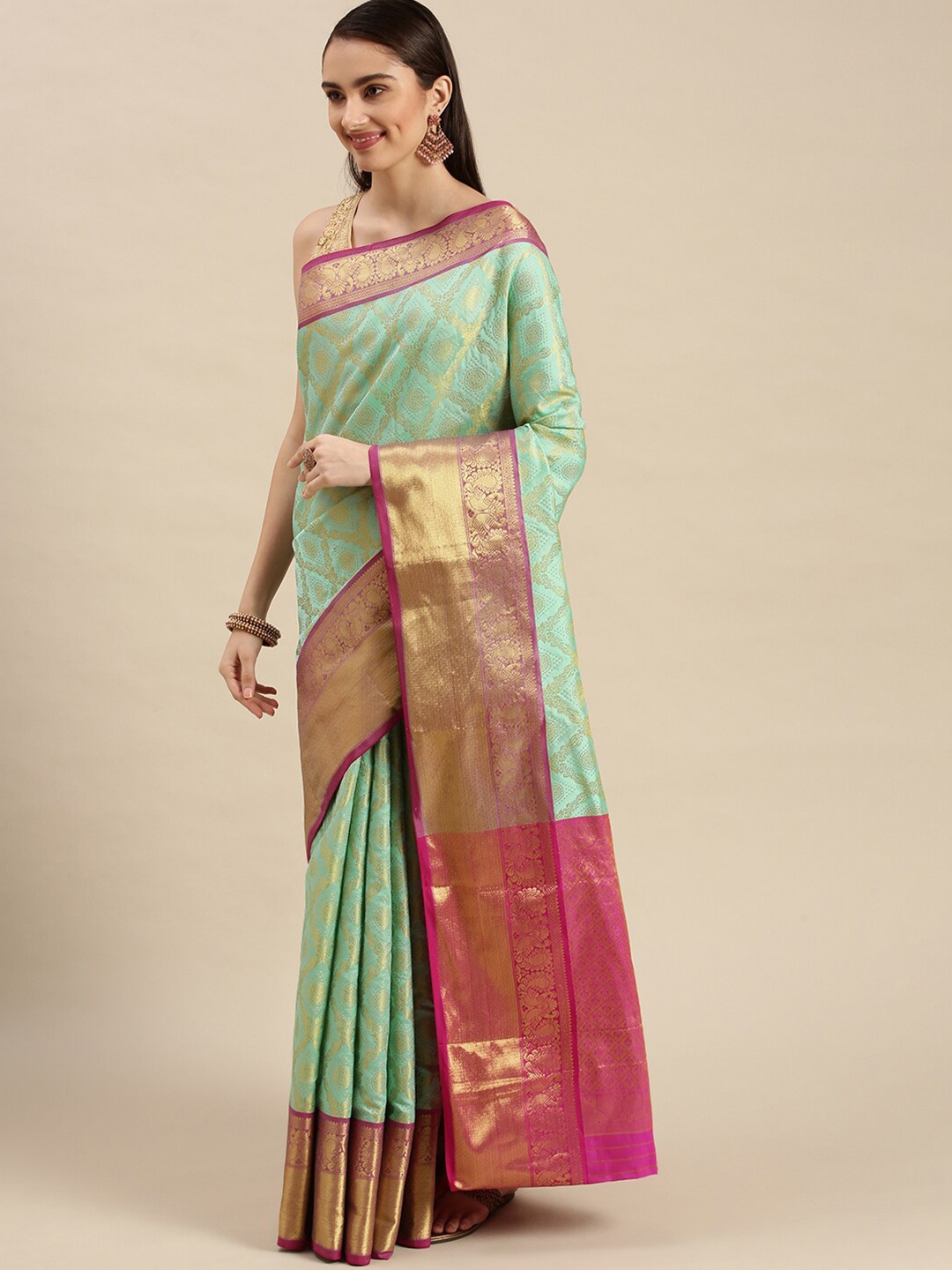 

Anaita Ethnic Motifs Woven Design Zari Pure Silk Banarasi Saree, Turquoise blue