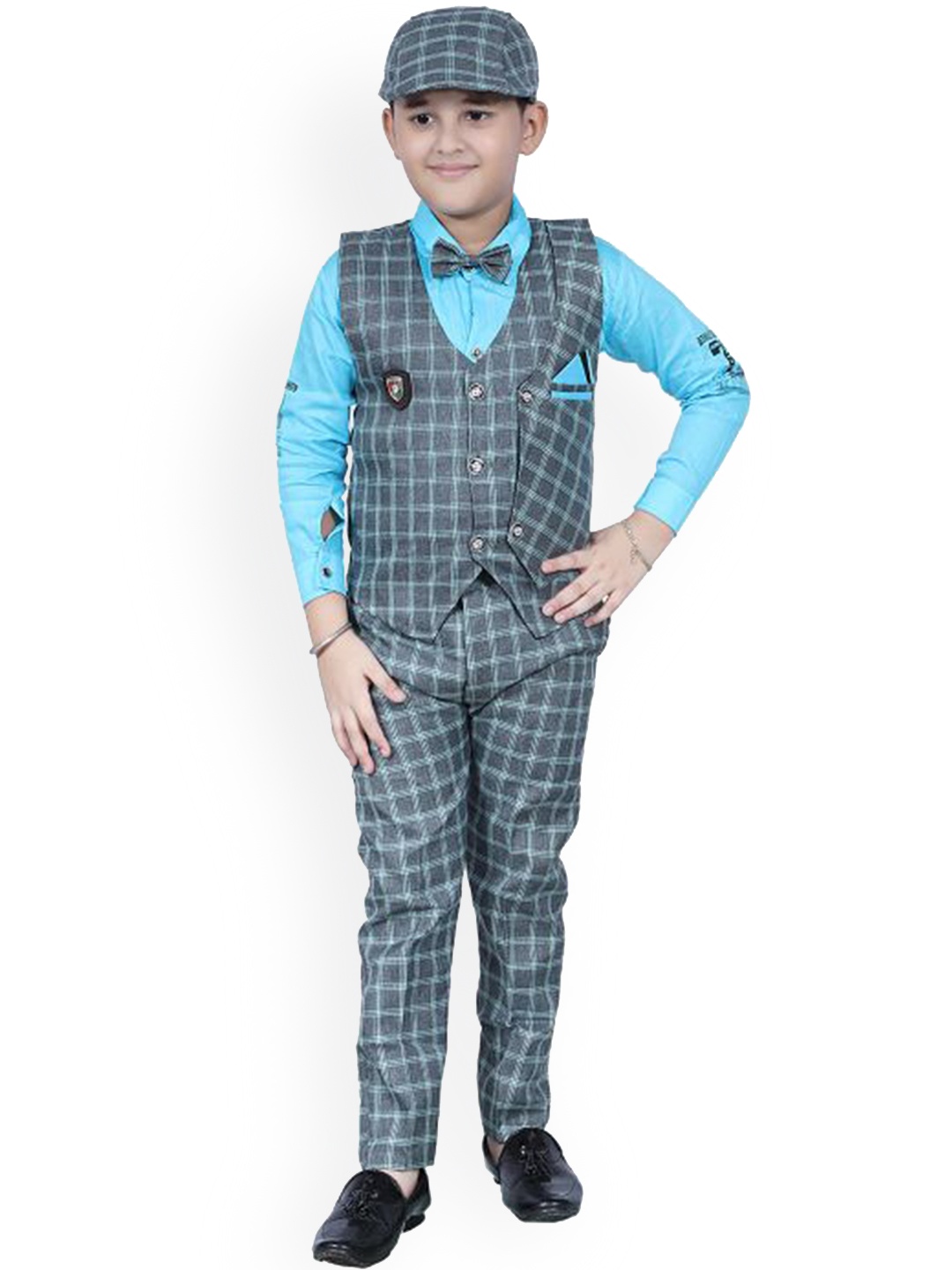

BAESD Boys Checked Pure Cotton Shirt & Trousers With Waistcoat, Blue