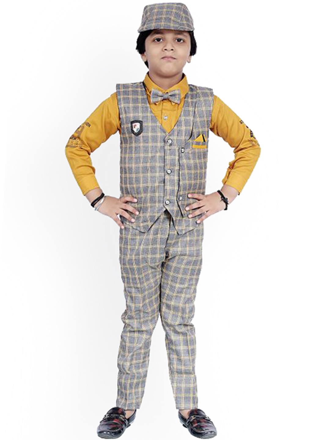 

BAESD Boys Checked Pure Cotton Shirt & Trousers With Waistcoat, Yellow