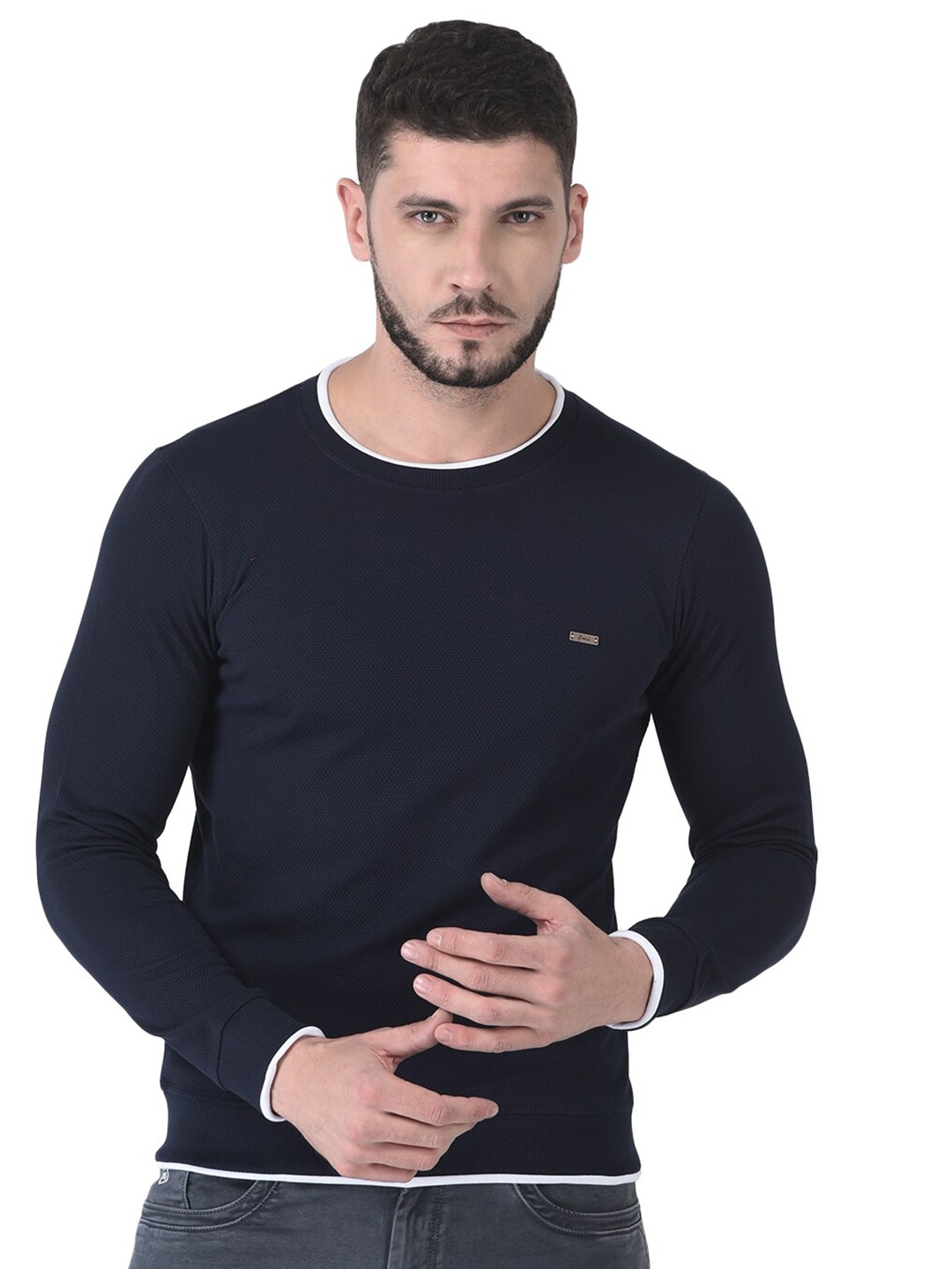 

ZEDD Round Neck Cuffed Sleeves Cotton Regular T-shirt, Blue