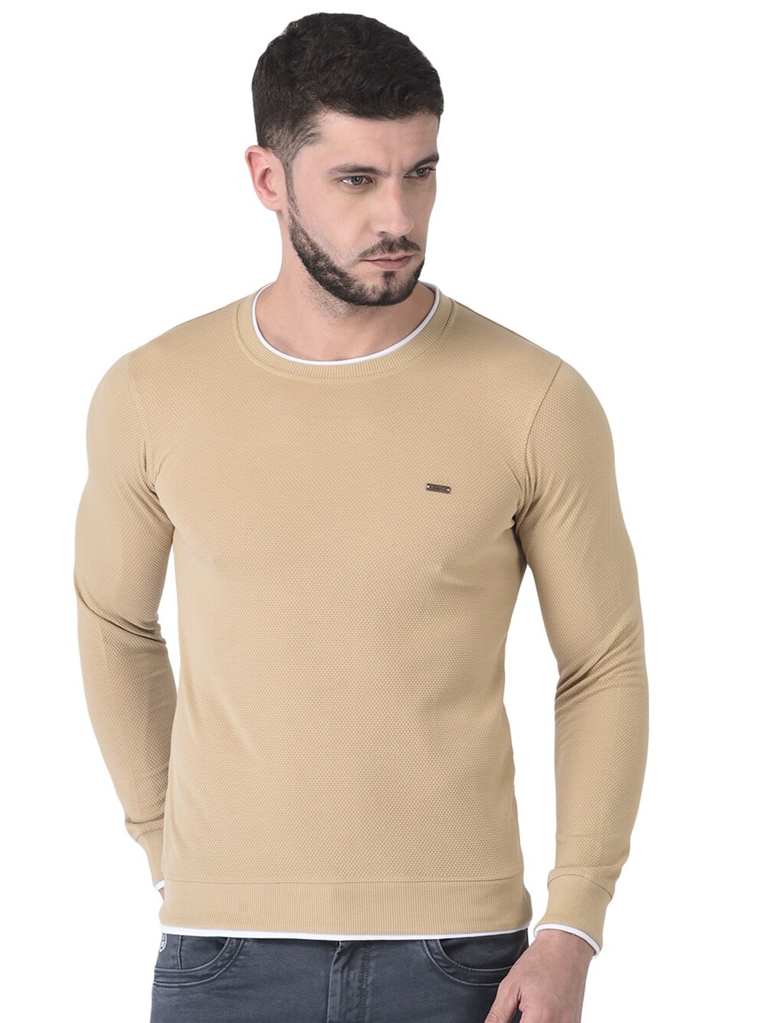 

ZEDD Round Neck Cuffed Sleeves Cotton Regular T-shirt, Beige