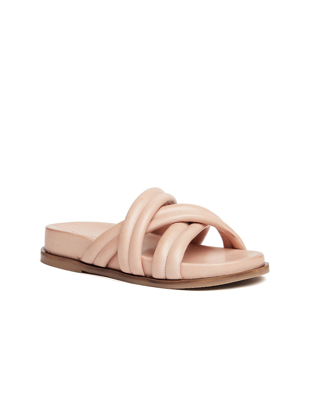 

Peach Flores Criss-Cross Strap Leather Open Toe Flats, Nude