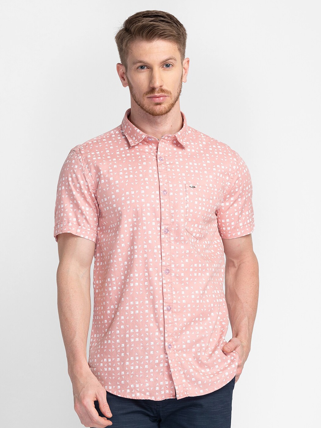 

MOZZO Classic Slim Fit Geometric Printed Cotton Casual Shirt, Peach
