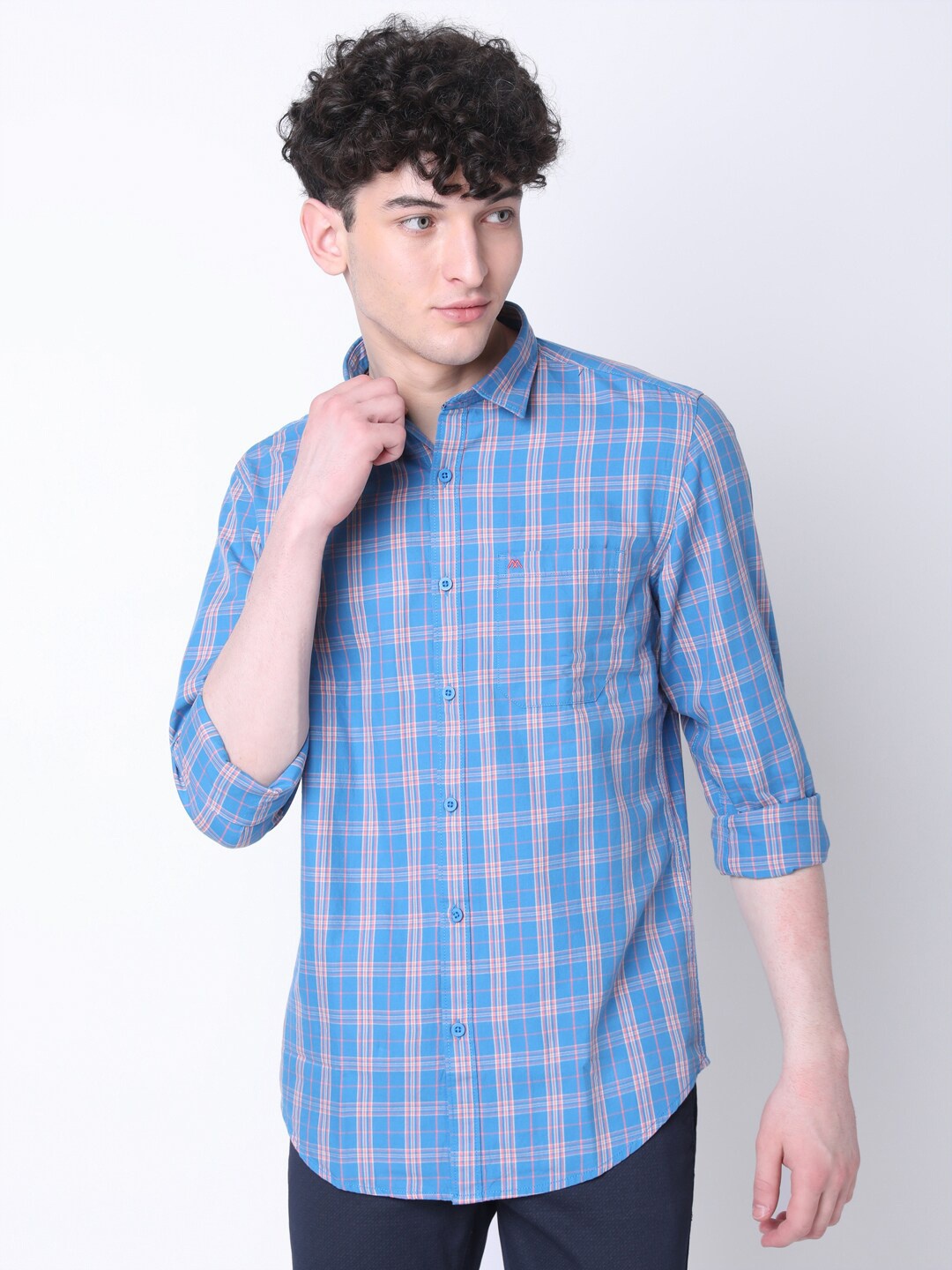 

MOZZO Classic Slim Fit Tartan Checked Cotton Casual Shirt, Blue