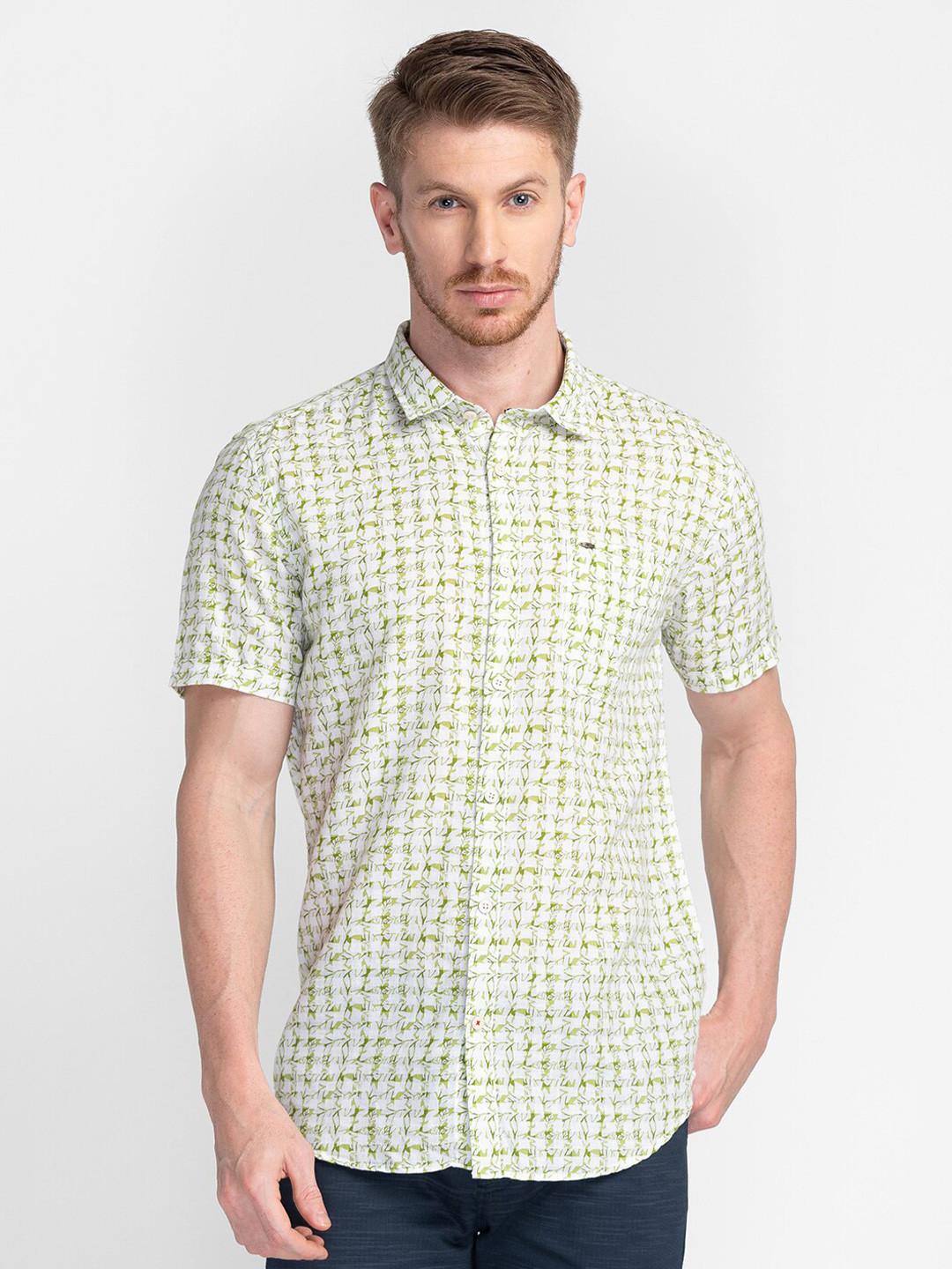 

MOZZO Classic Slim Fit Abstract Printed Cotton Casual Shirt, Green