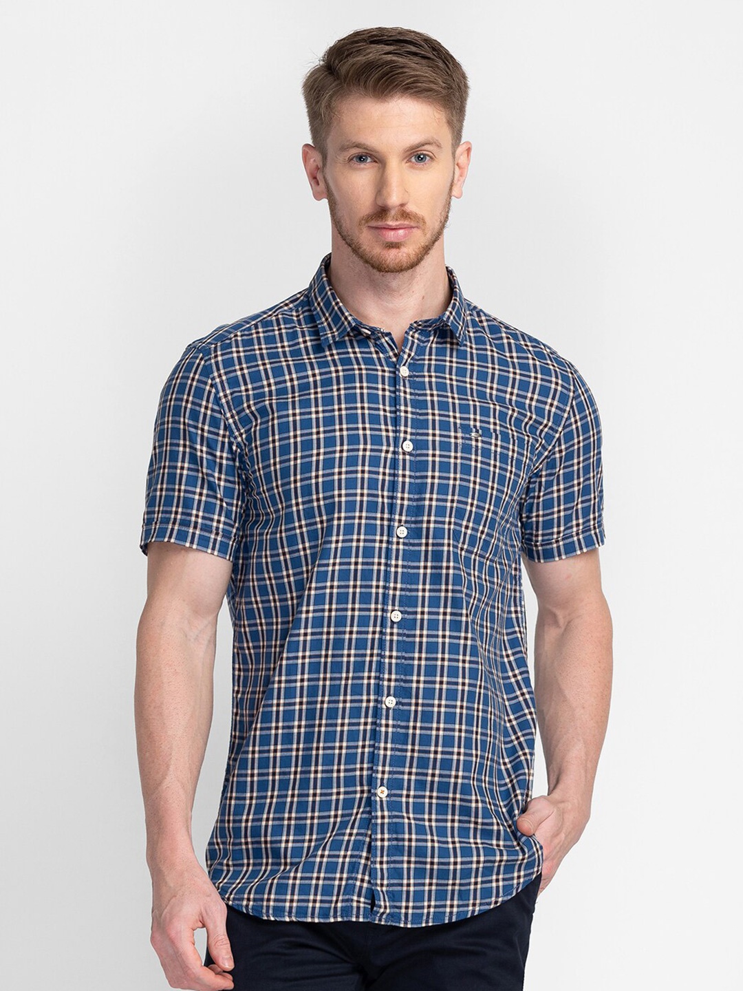 

MOZZO Classic Slim Fit Tartan Checked Cotton Casual Shirt, Navy blue