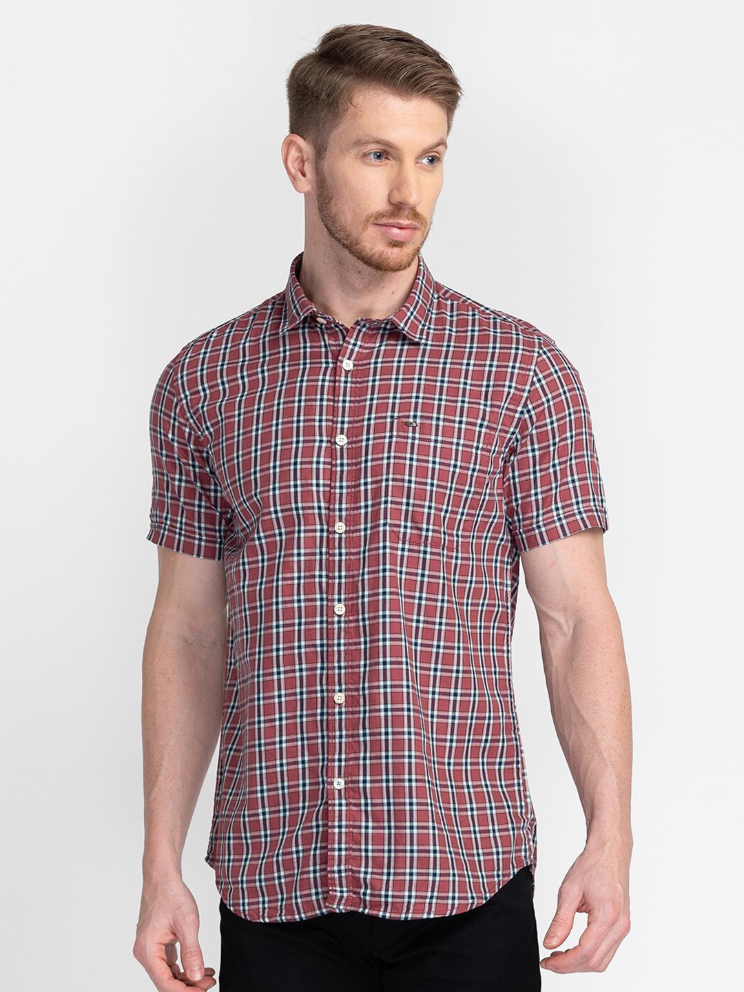 

MOZZO Classic Slim Fit Tartan Checked Cotton Casual Shirt, Burgundy