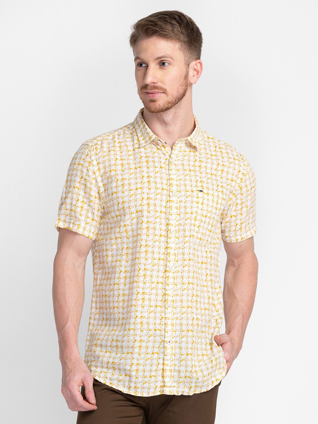 

MOZZO Classic Slim Fit Abstract Printed Cotton Casual Shirt, Yellow