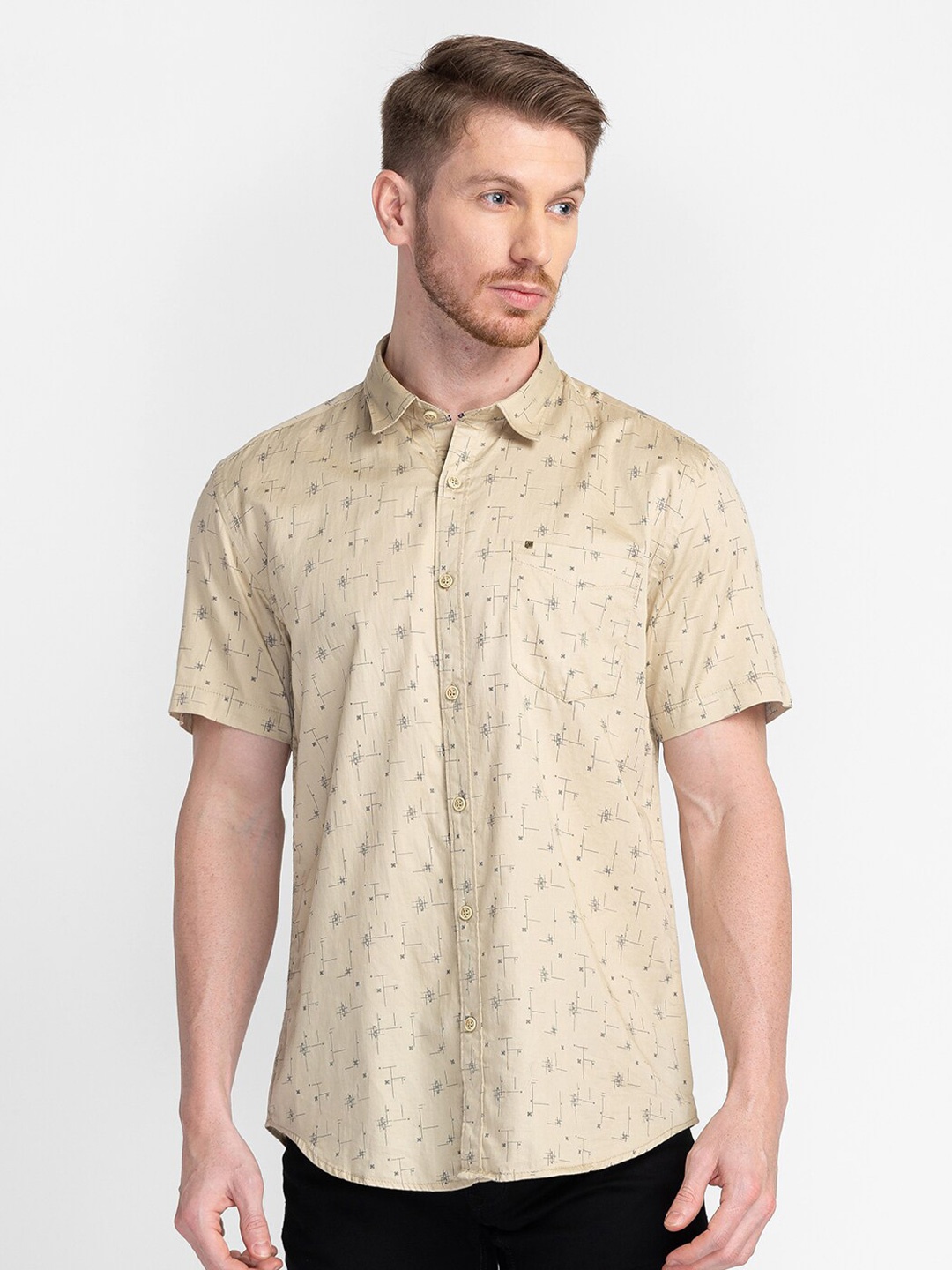 

MOZZO Classic Slim Fit Geometric Printed Cotton Casual Shirt, Beige