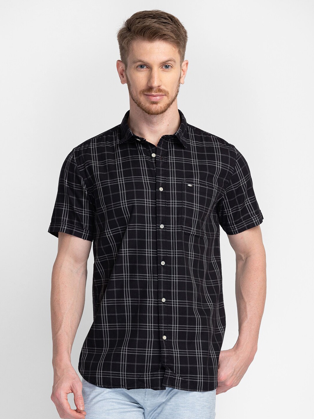 

MOZZO Classic Slim Fit Tartan Checked Cotton Casual Shirt, Black