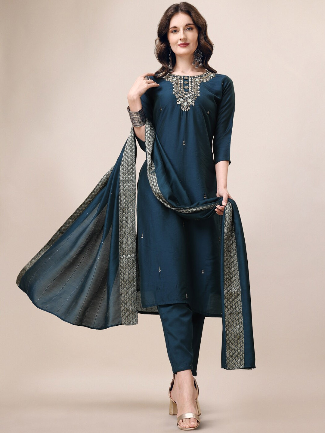 

Berrylicious Ethnic Motifs Embroidered Thread Work Chanderi Cotton Kurta Set, Teal