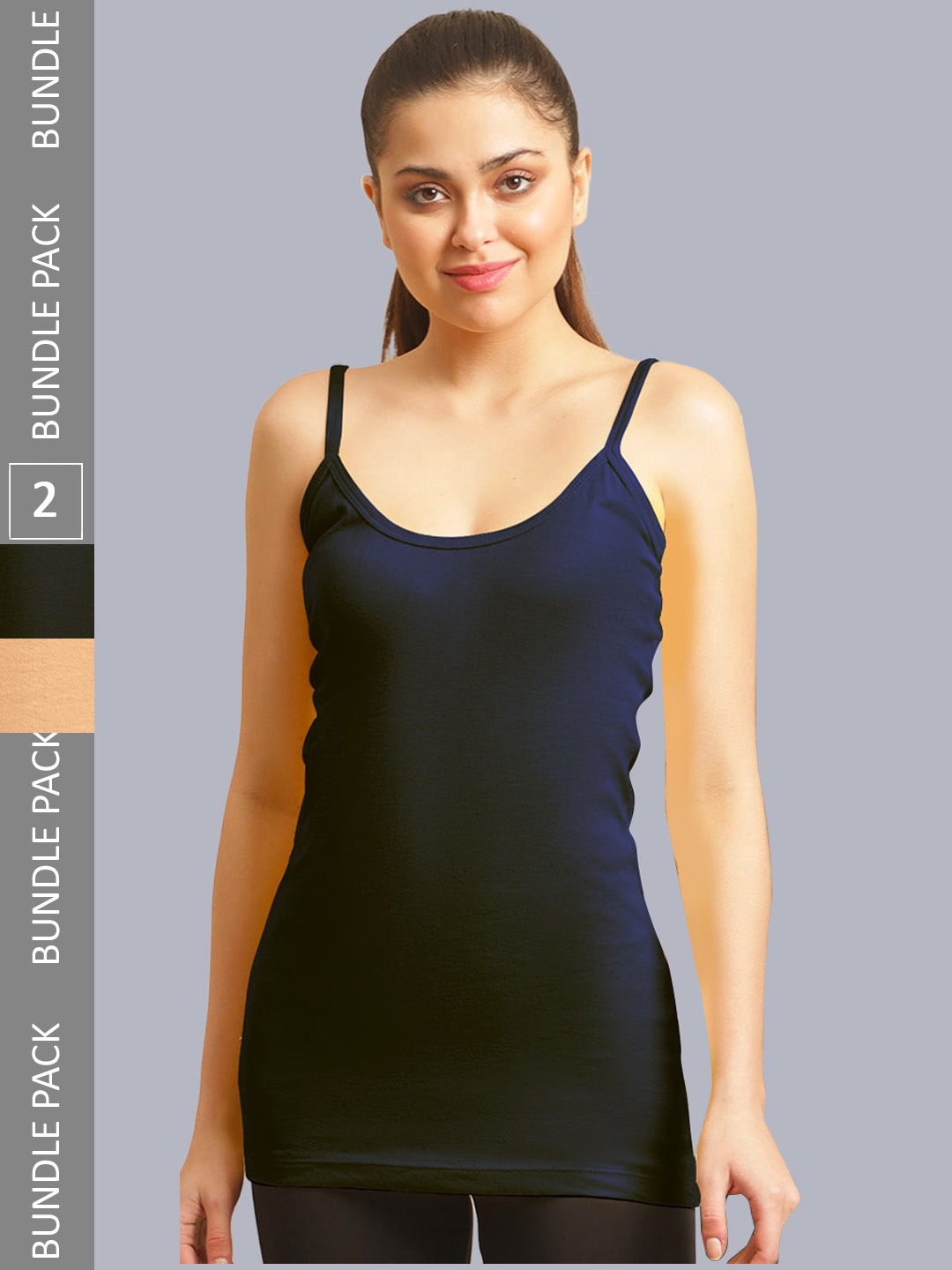 

FBAR Pack Of 2 Cotton Bio Wash Sleeveless Longline Camisole, Navy blue