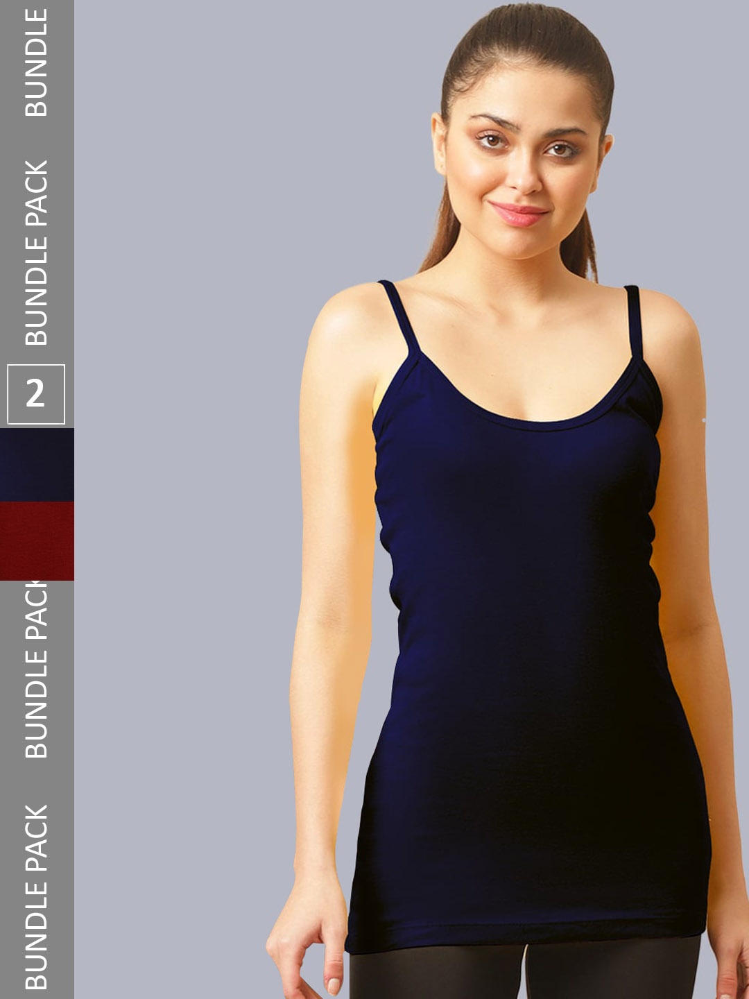 

FBAR Pack Of 2 Pure Cotton Long Camisoles, Navy blue