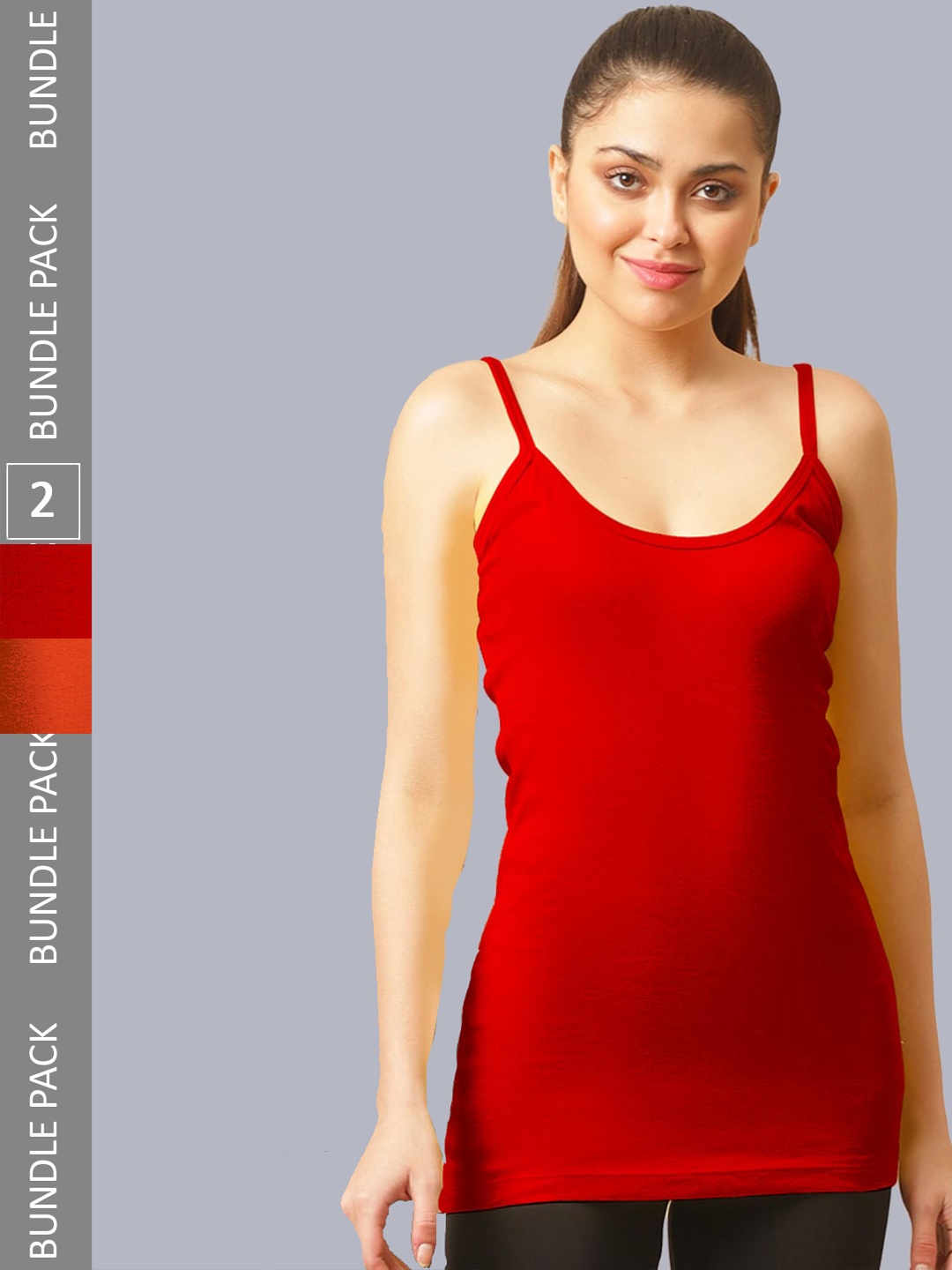 

FBAR Pack Of 2 Ribbed Pure Cotton Long Camisoles, Red