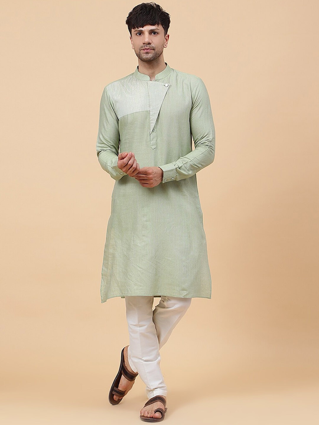 

See Designs Striped Regular Mandrain Collar Long Sleeve Cotton Kurta Set, Green