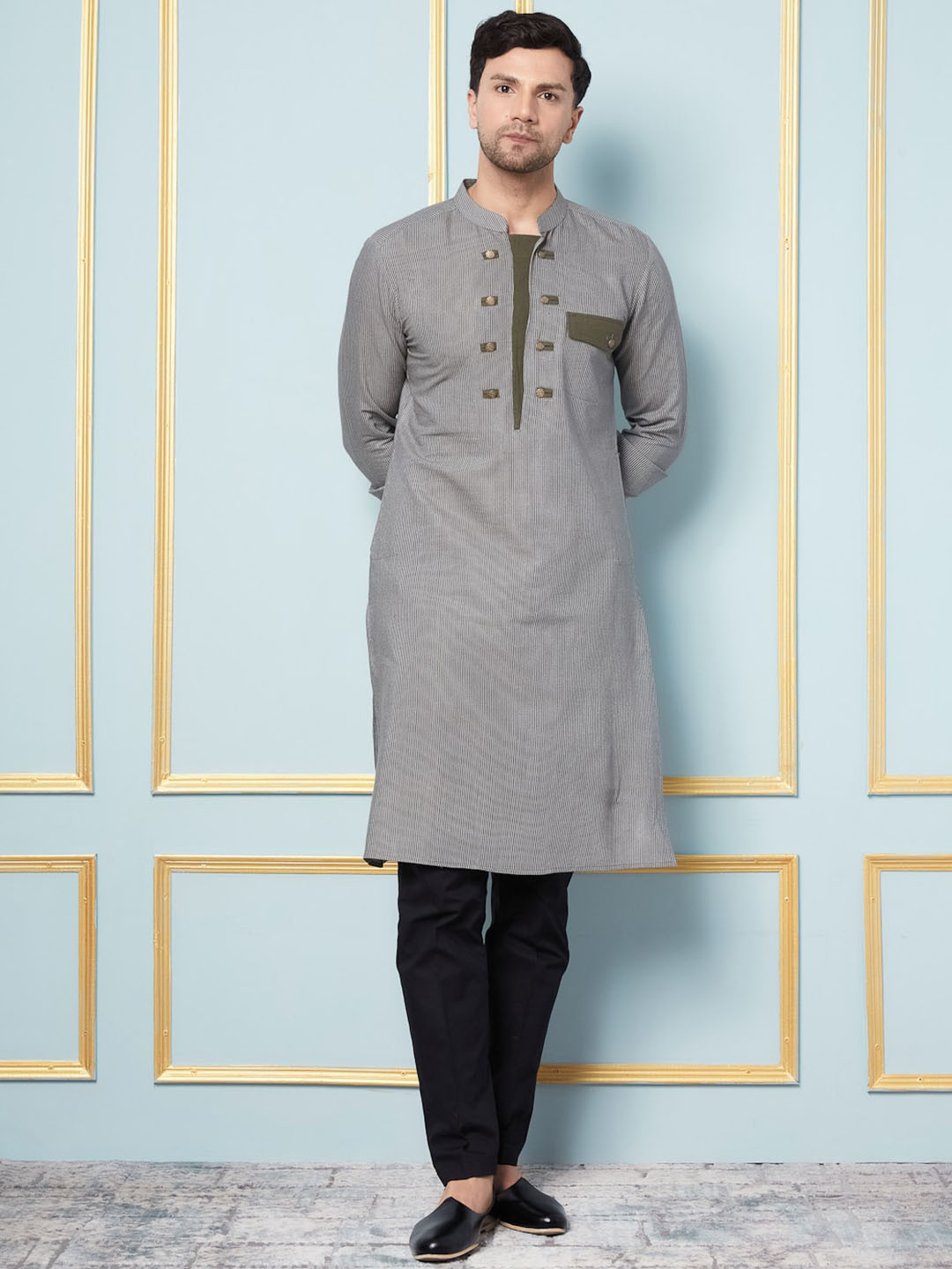 

See Designs Striped Regular Mandrain Collar Long Sleeve Cotton Kurta Set, Grey melange