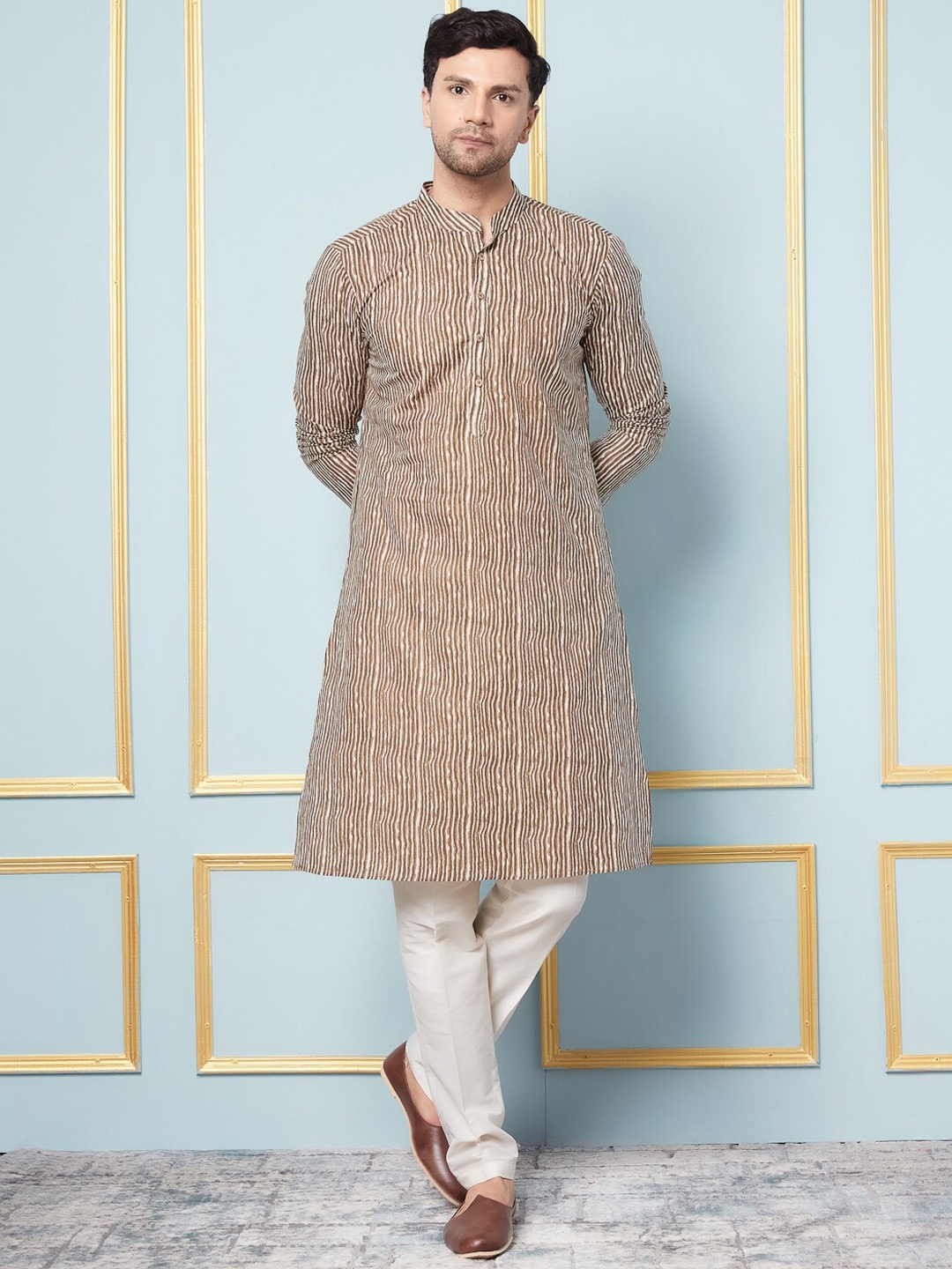 

See Designs Striped Mandarin Collar Straight Cotton Kurta, Brown