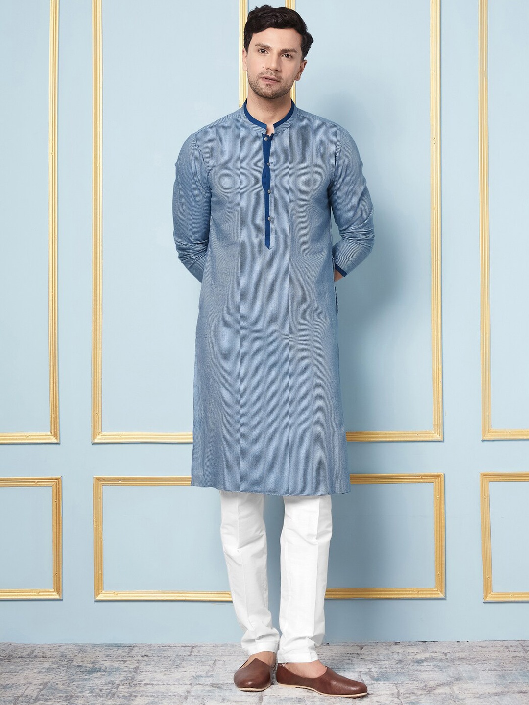 

See Designs Striped Mandarin Collar Long Sleeve Cotton Kurta Set, Blue