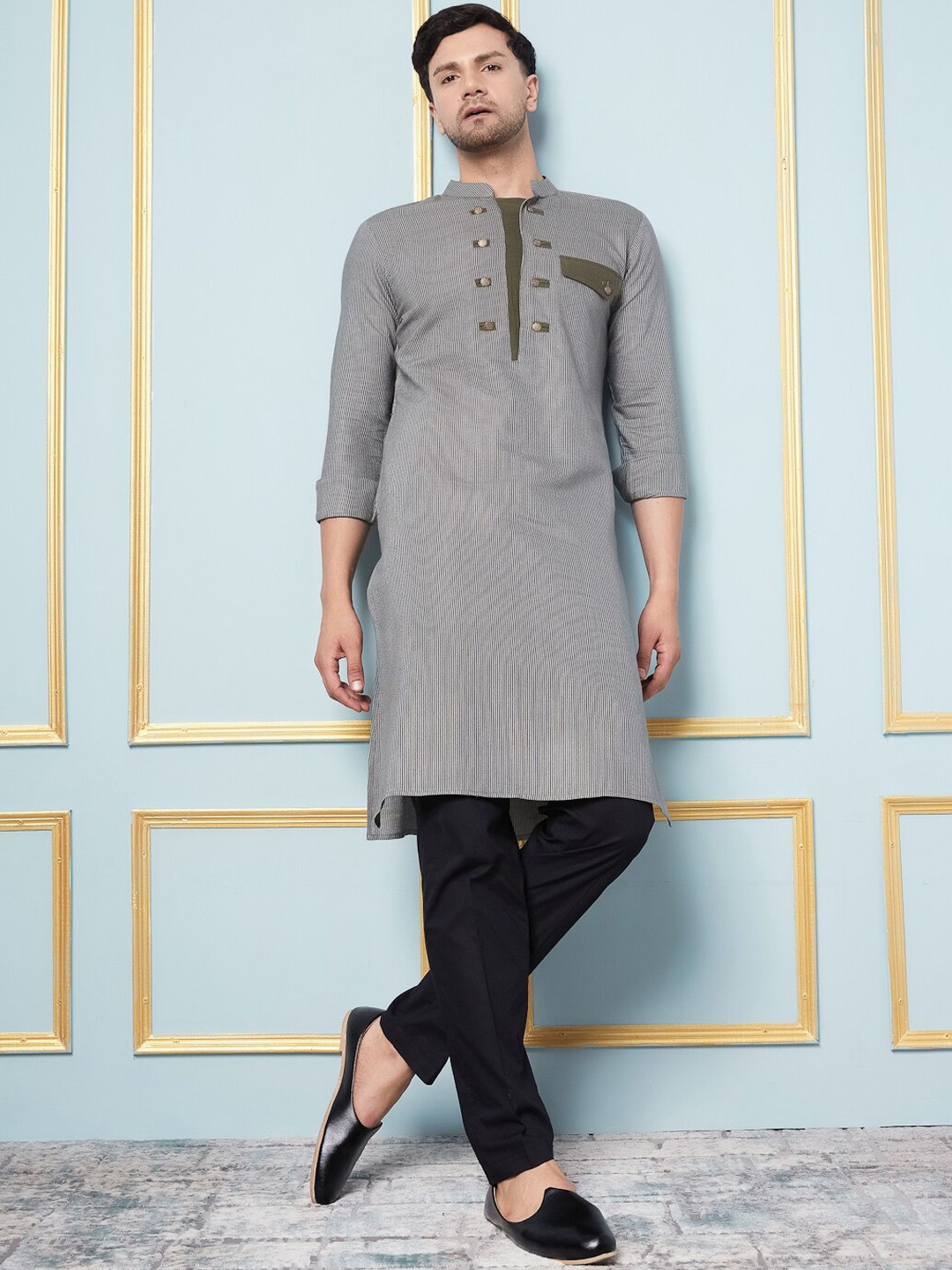 

See Designs Striped Mandarin Collar Straight Cotton Kurta, Grey melange