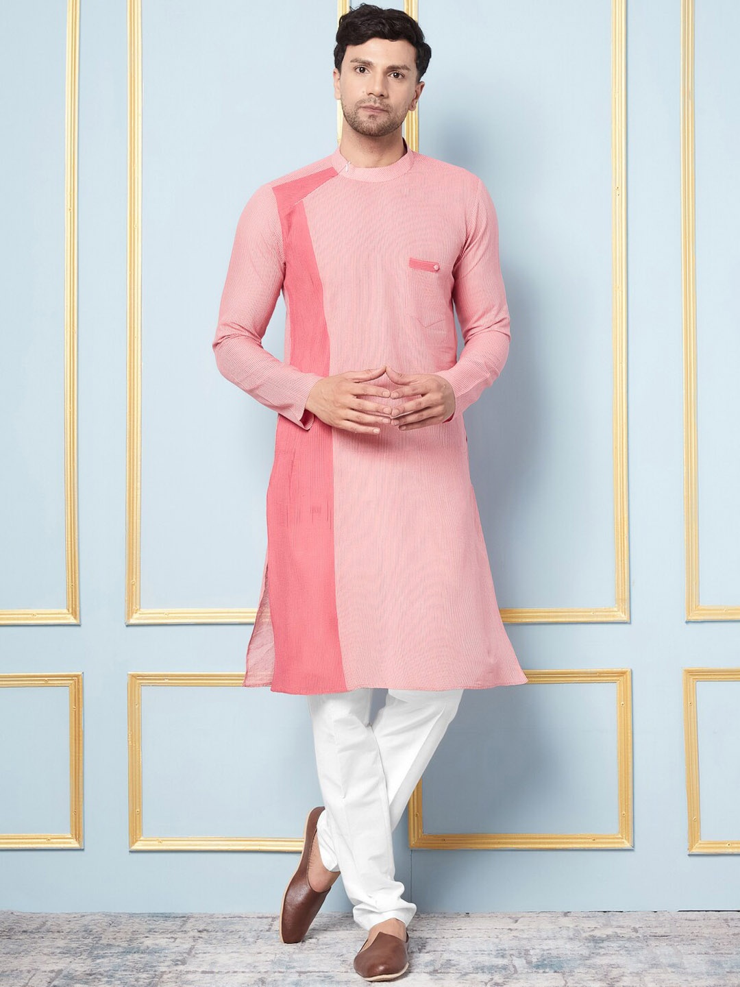 

See Designs Striped Mandarin Collar Long Sleeve Cotton Kurta Set, Coral