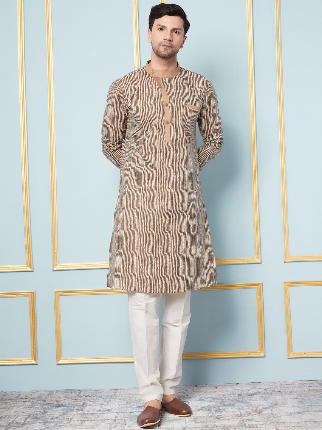 

See Designs Striped Band Collar Straight Cotton Kurta, Coffee brown