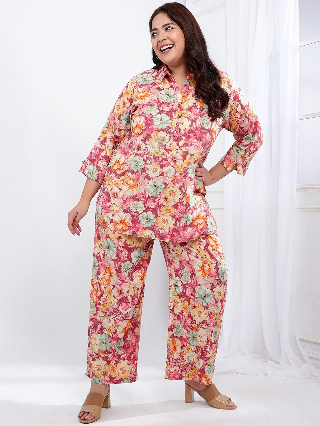 

Bani Women Plus Size Floral Printed Tunic & Trouser, Pink