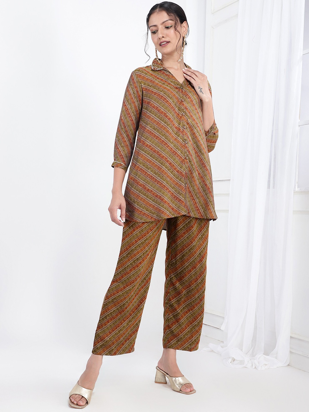 

Bani Women Striped Shirt Collar Tunic With Trouser Co-Ords, Mustard