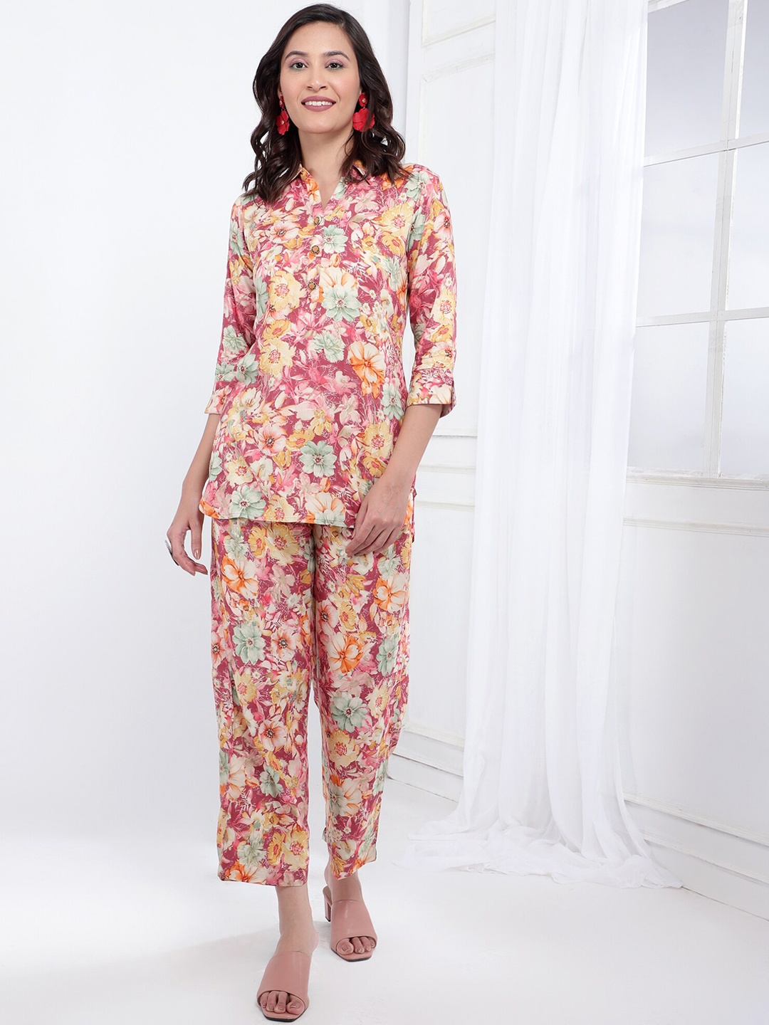 

Bani Women Floral Printed Shirt Collar Tunic With Trouser, Pink