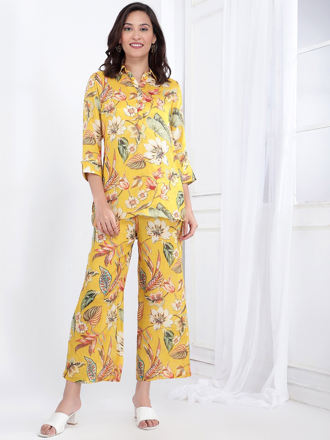 

Bani Women Floral Printed Shirt Collar Tunic With Trouser, Yellow
