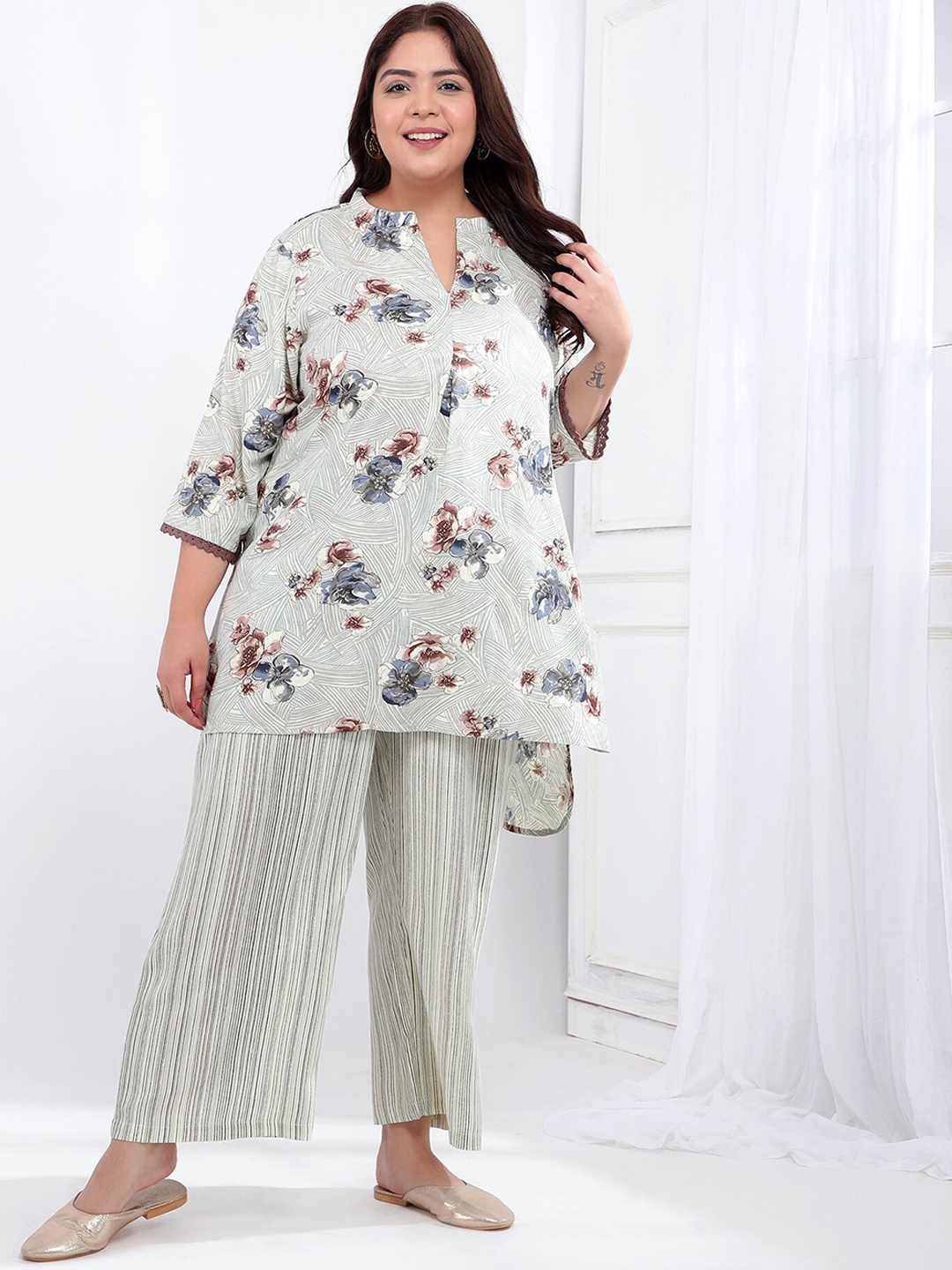 

Bani Women Plus Size Floral Printed Regular Kurta with Palazzos, Grey