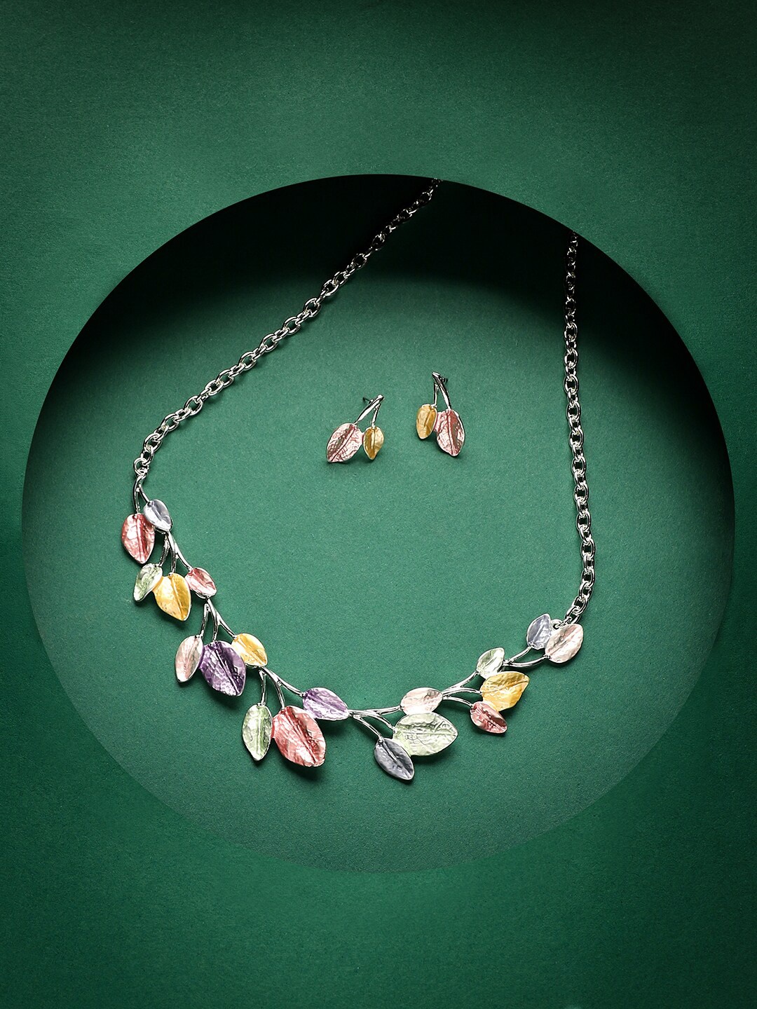 

SOHI Silver-Plated Pastel Leaf Jewellery Set