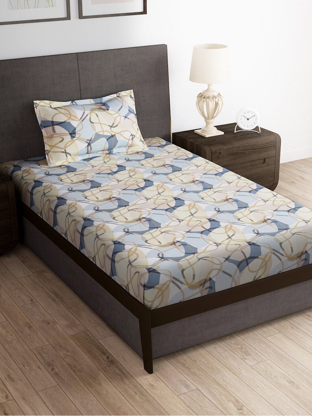 

Story@home Cream-Coloured & Blue 180 TC Single Bedsheet with 1 Pillow Covers