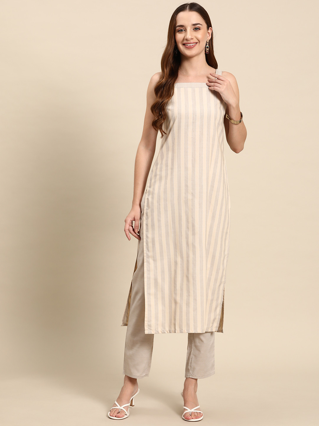 

Anouk Striped Regular Pure Cotton Kurta with Trousers, Beige