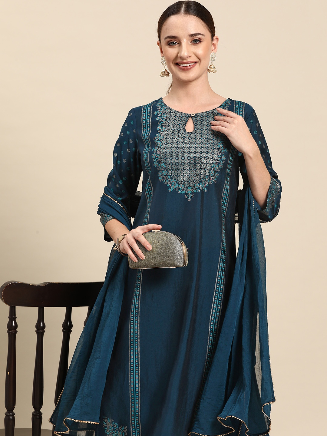 Anouk Ethnic Motifs Foil Printed Regular Kurta with Trousers & Dupatta, Navy blue