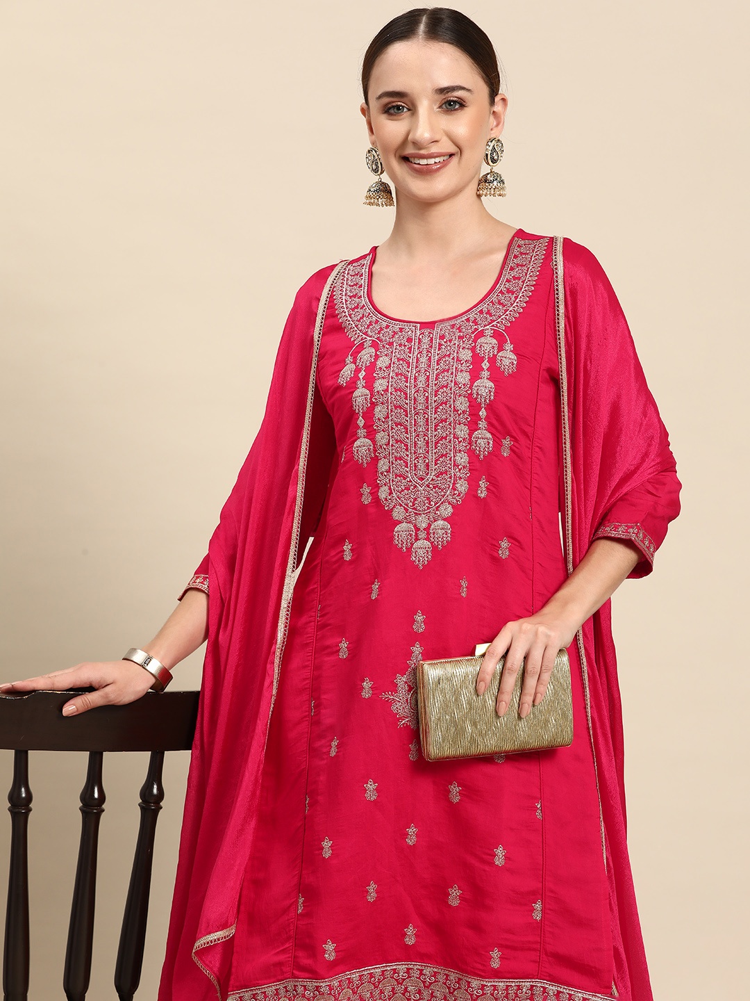 

Anouk Women Pink Embroidered Zari Kurta with Trousers & Dupatta