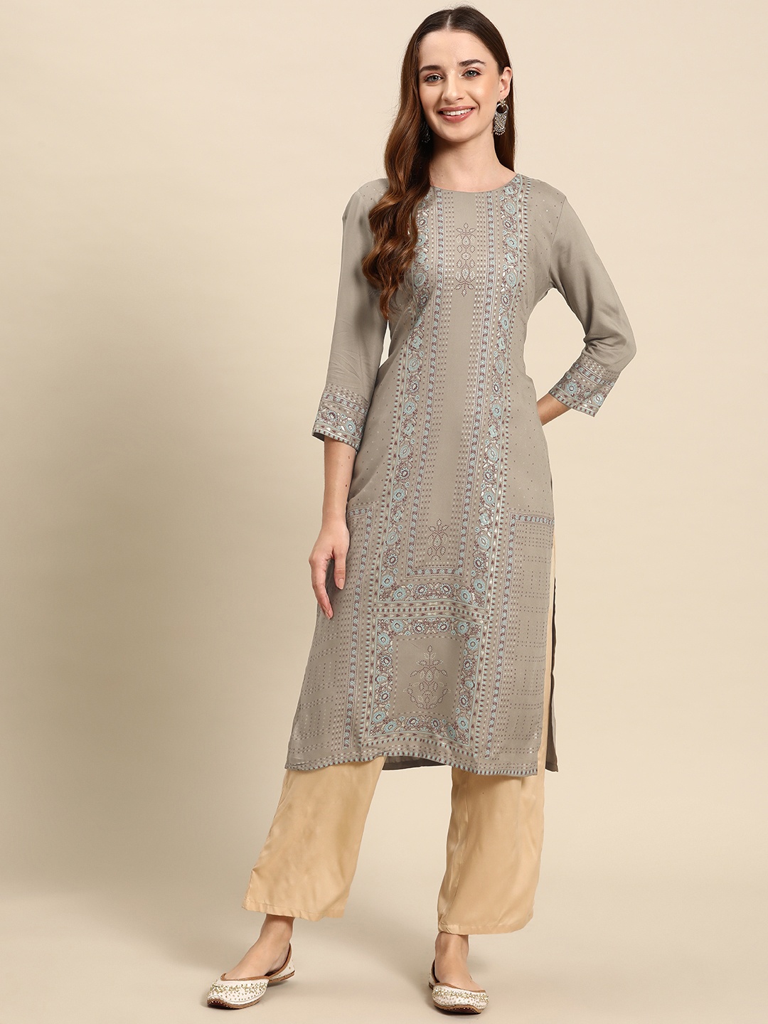 

Anouk Floral Foil Printed Kurta, Grey