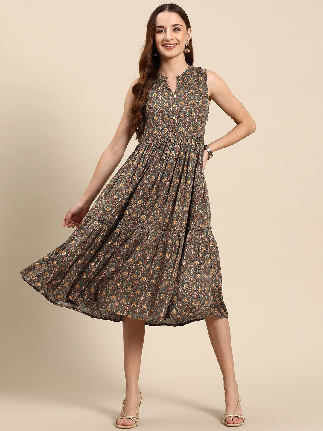 

Anouk Ethnic Motifs Printed Pleated Fit & Flare Dress, Grey