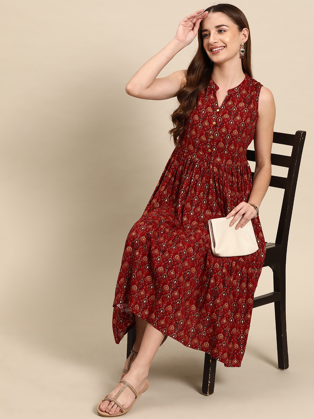 

Anouk Ethnic Motifs Printed Pleated Fit & Flare Dress, Red