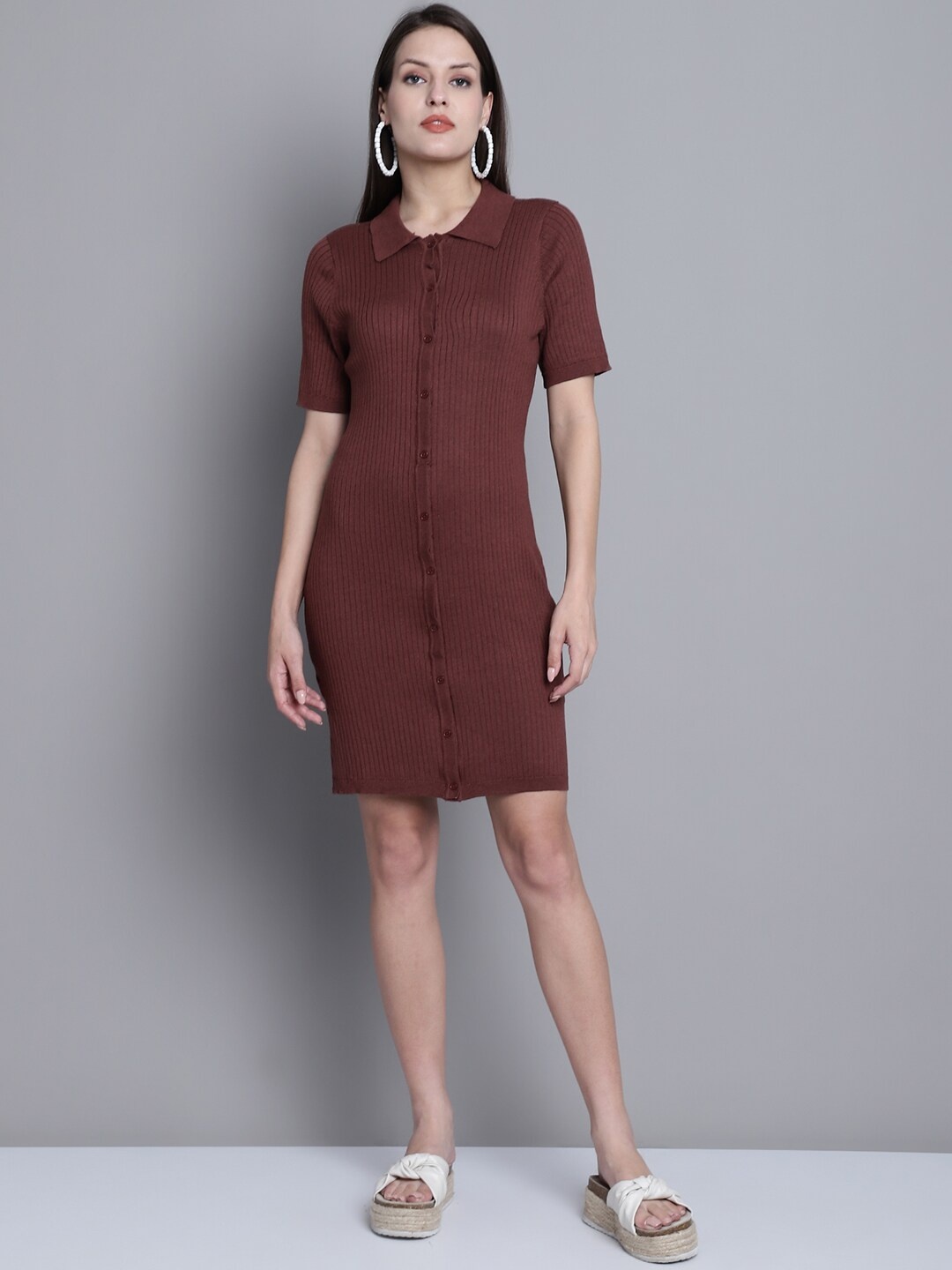 

NoBarr Self Design Shirt Collar Ribbed Bodycon Dress, Brown