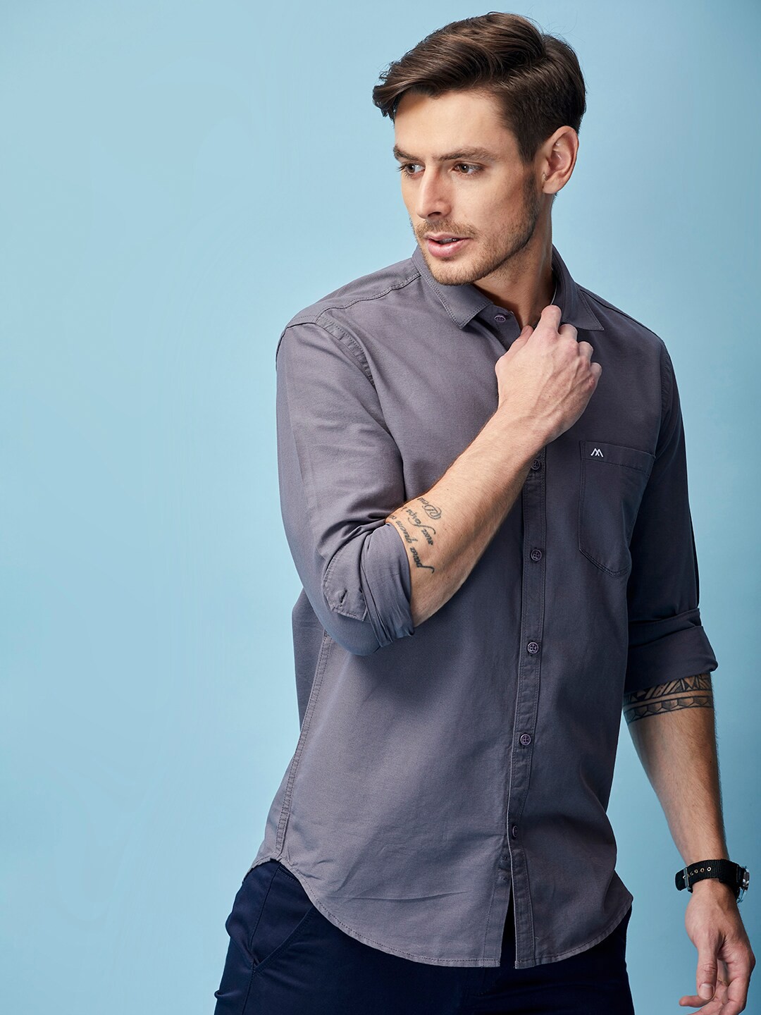 

MOZZO Classic Slim Fit Cotton Casual Shirt, Grey