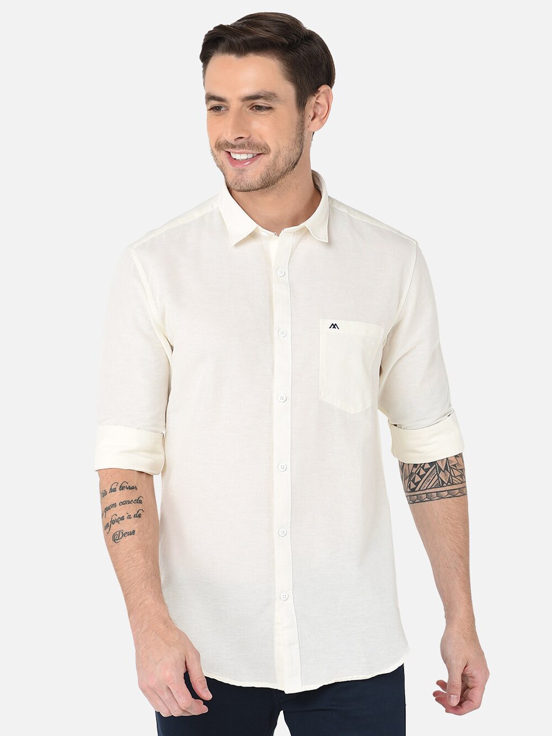 

MOZZO Classic Slim Fit Cotton Casual Shirt, Cream
