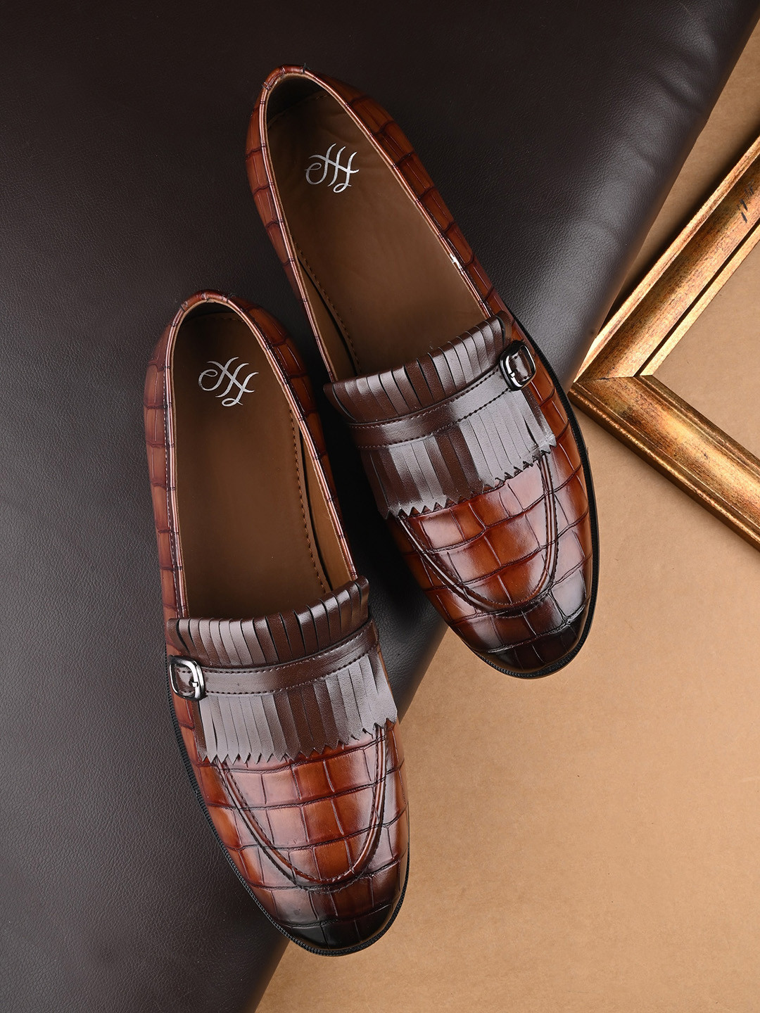 

House of Pataudi Men Textured Formal Loafers With Buckle detail, Tan