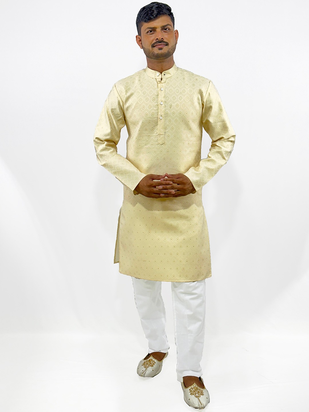 

amzira Self Design Mandarin Collar Regular Kurta With Pyjamas, Yellow