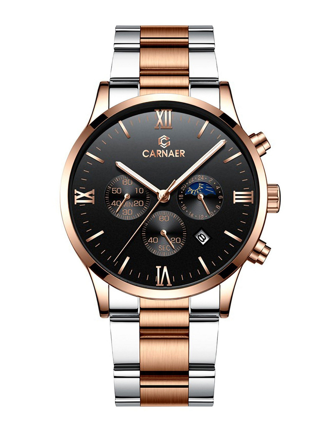 

Carnaer Men Round Analogue Watch CN4110-2-Slvr-Rs-Gld-Blk, Silver